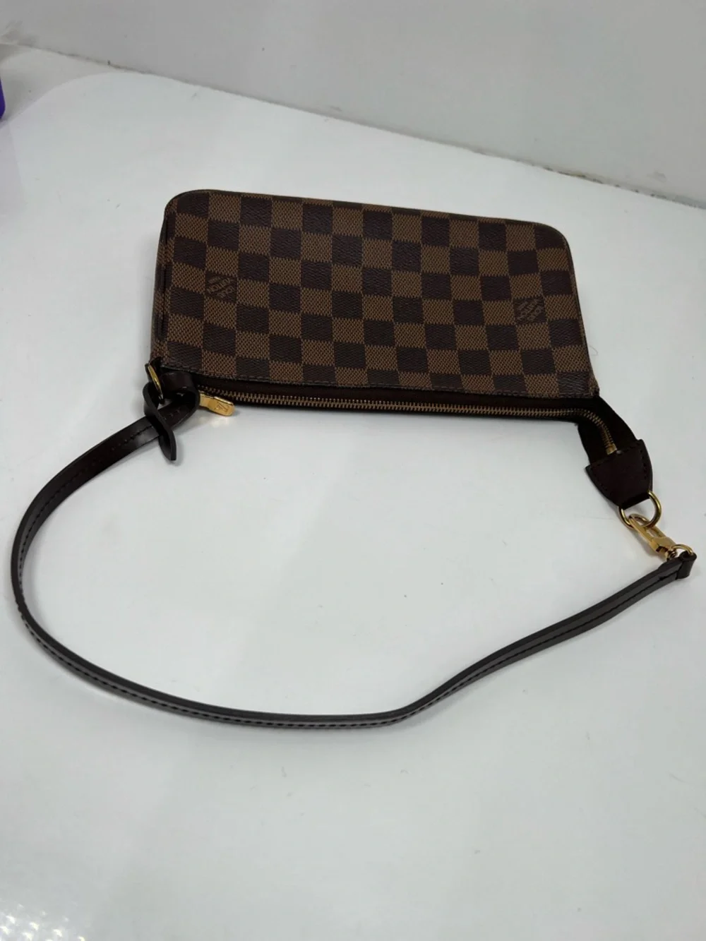Louis Vuitton Damier Ebene Pochette Shoulder Bag Zip, Strap, Gold HW, Red Lining
